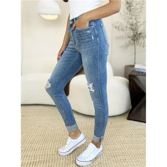 🔥 NWT Judy Blue Mid Rise Destroy & Cuff Skinny Jeans, Regular + Plus Sizes - Picture 2 of 9